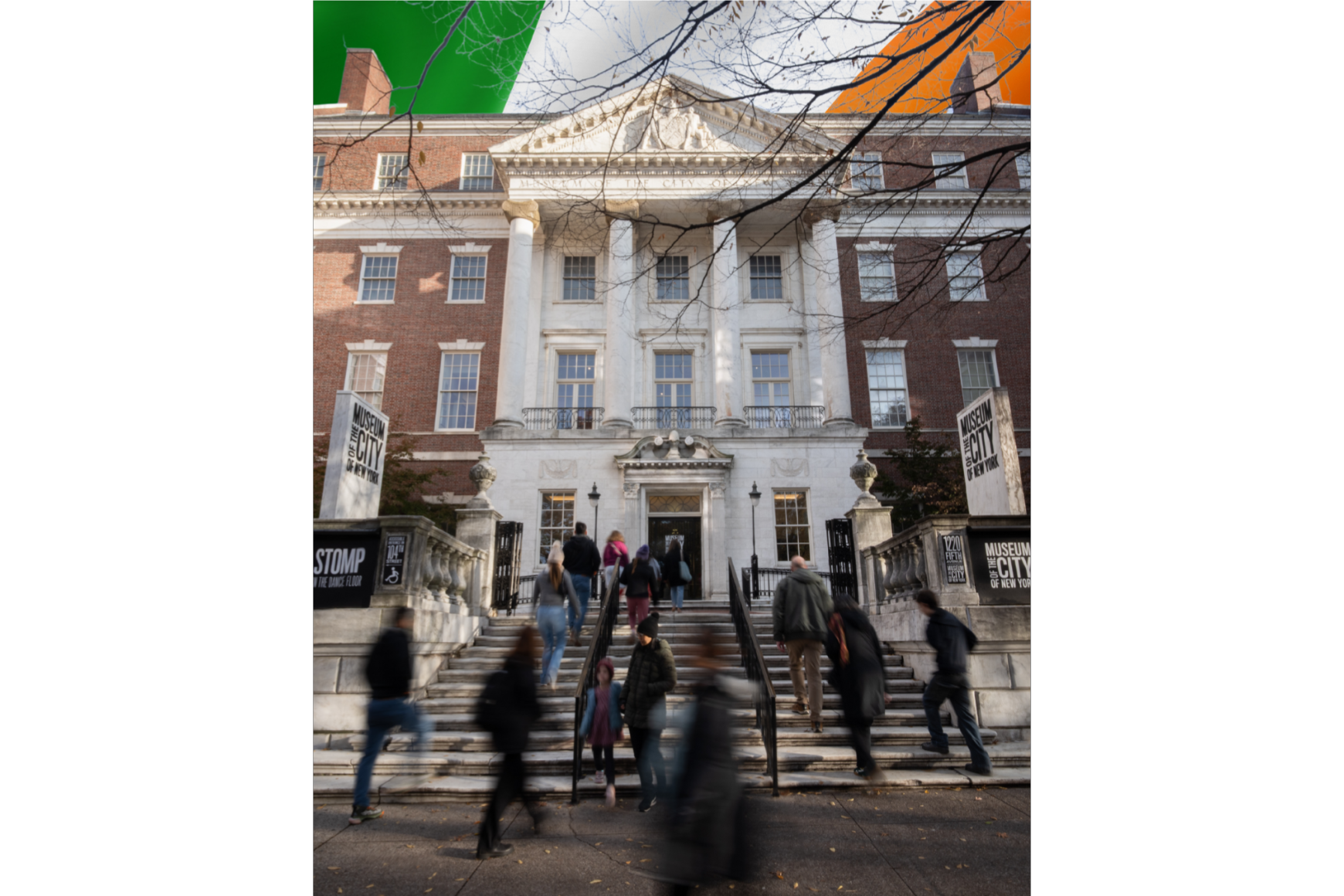 Visitors walking up the front steps of the Museum of the City of New York with flag of Ireland in background